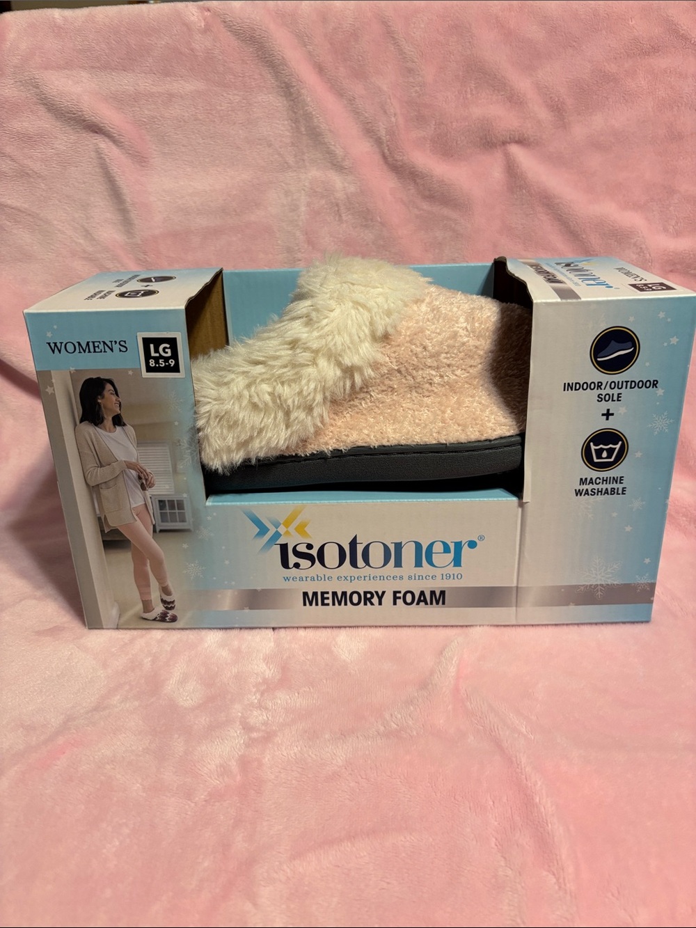 isotoner Pink Faux Fur Memory Foam Slippers with Cream Trim Large 8.5-9 Women